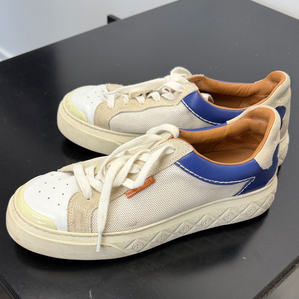 Tory Birch Casual Low-Top Sneakers in White, Blue & Tan